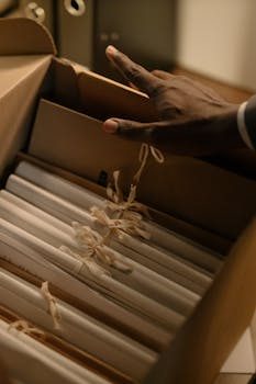 An archival storage box opened to show neatly stacked paper collectibles inside