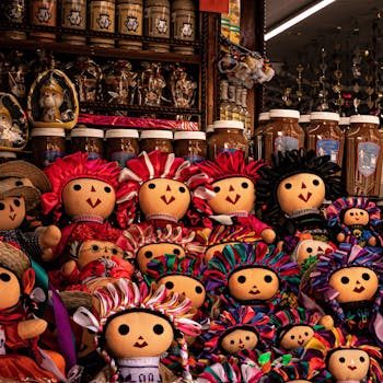 A collection of authentic handmade souvenirs from around the world arranged on a wooden table