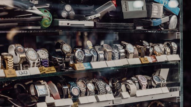 luxury watches and collectibles displayed in a consignment shop