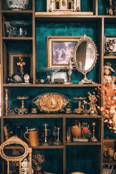 A wooden shelf filled with various vintage collectibles like figurines and medals arranged neatly.