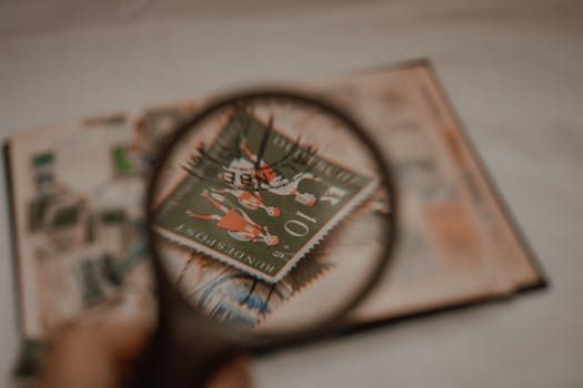 A collector using a magnifying glass to examine a painting for authenticity