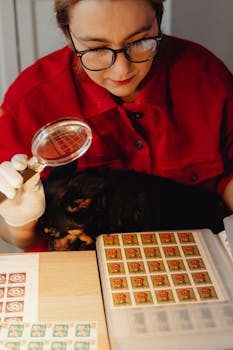 A person uses a magnifying glass to examine a comic book's spine and corners