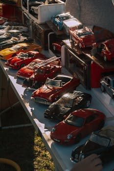 A collector arranges vintage toys on a wooden table for an eBay listing photo shoot