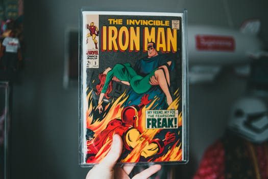 A collector sorting through a pile of comic books on a table with a notebook for inventory