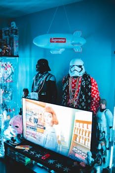Movie memorabilia collection display room with signed photos and lightsabers on shelves