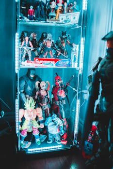 An auction house display featuring movie props including a lightsaber and costume