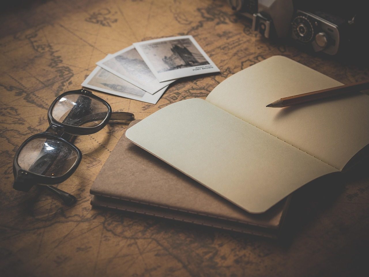 notepad, glasses, travel, planning, page, notes, paper, vacation, trip, desk, photographs, write, concept, old, retro, a