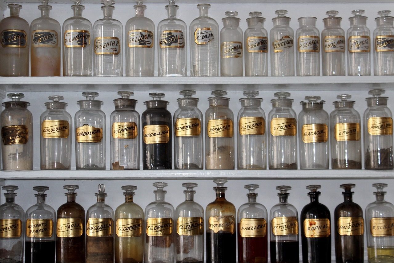 bottle, container, display, collection, shelf, medicine, powder, gray medicine, gray bottle, container, display, collect