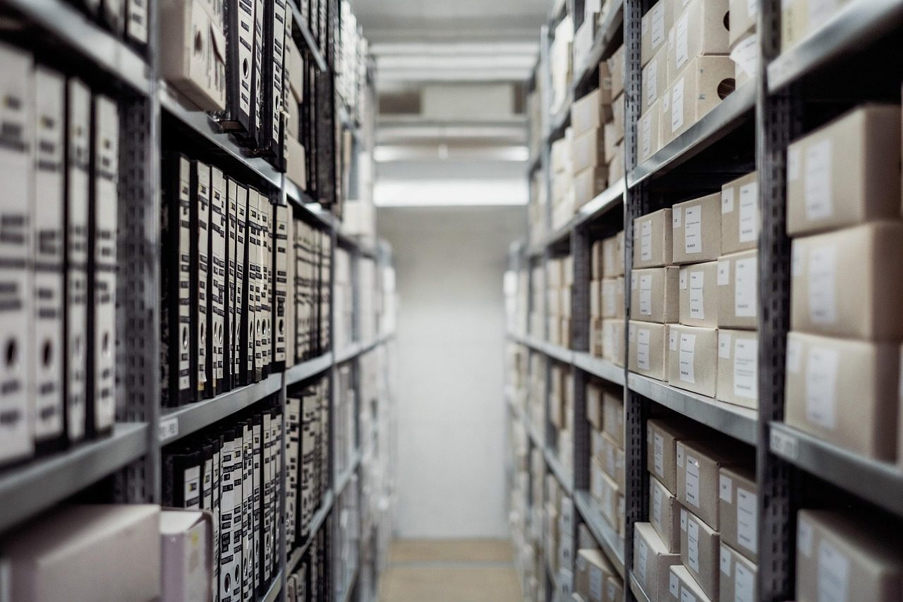 archive, boxes, shelf, folders, documents, data, storage, rack, row, stock, business, warehouse, depth of field, archive