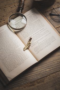 A rare book open on a wooden table with a magnifying glass