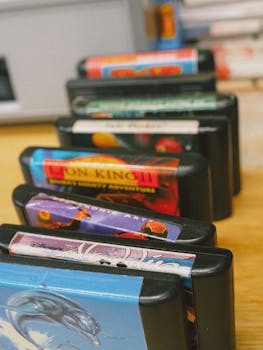 A shelf lined with retro gaming consoles including NES, SNES, and Sega Genesis with game cartridges.
