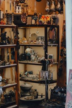 Interior of a curated souvenir shop with vintage items on wooden shelves