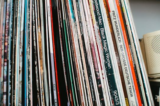 Close-up of vinyl records stored vertically on a shelf showing proper alignment and spacing
