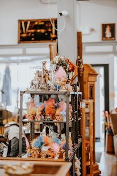 shelves filled with vintage items and collectibles at a thrift store