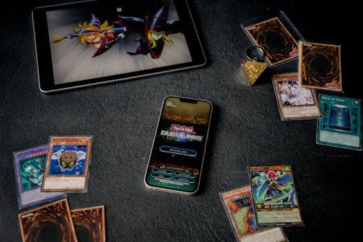 An overhead view of various trading cards including Magic the Gathering Yu Gi Oh and sports cards spread across a wooden table