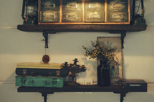 A curated shelf display of vintage collectibles arranged by theme
