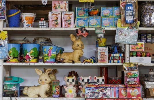 A shelf of vintage collectibles including ceramic figurines and glassware arranged for display