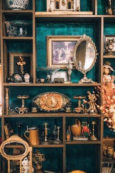 A neatly arranged shelf of vintage collectibles including coins, stamps, and small toys