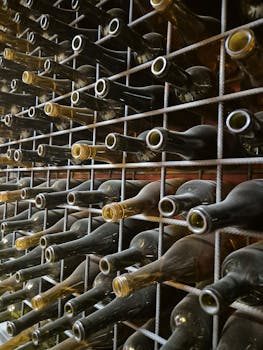 Rows of vintage wine bottles stored in a dimly lit cellar